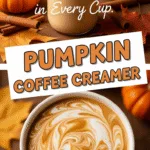 Pumpkin coffee creamer in glass jar with autumn decor and coffee