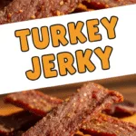 Turkey jerky with rich texture and seasoning on natural wood background