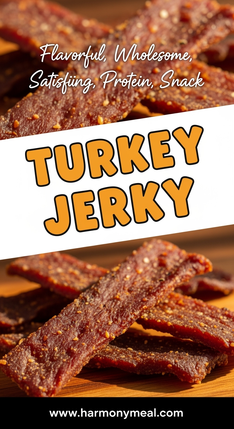 Turkey jerky with rich texture and seasoning on natural wood background