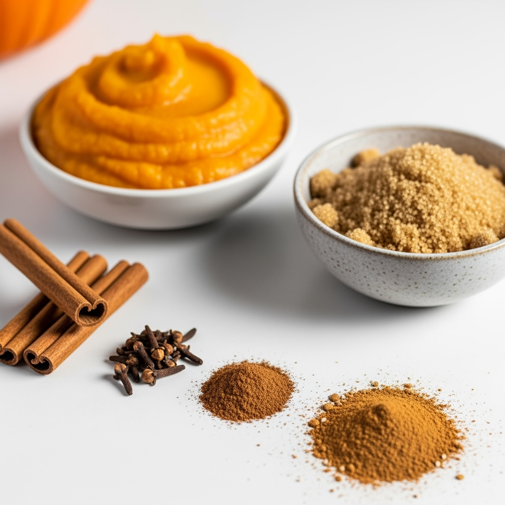 Fresh Pumpkin spice coffee with spices for cozy autumn pumpkin pie recipe