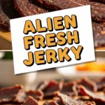 Alien fresh jerky slices vibrant close-up rustic board warm tones