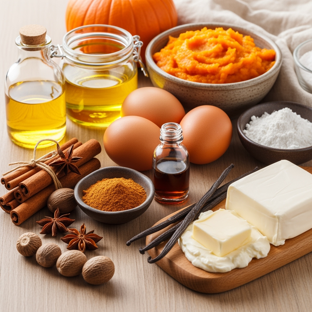 pumpkin-spice-ingredients-fresh-autumn Easy Pumpkin Desserts Fresh autumn spices and ingredients arranged on rustic wooden surface.