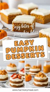 Easy pumpkin desserts featuring moist pumpkin bars with cream cheese frosting.