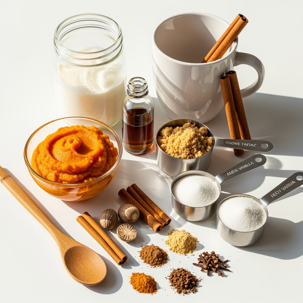 Pumpkin spice Starbucks drinks ingredients with pumpkin puree and warm spices