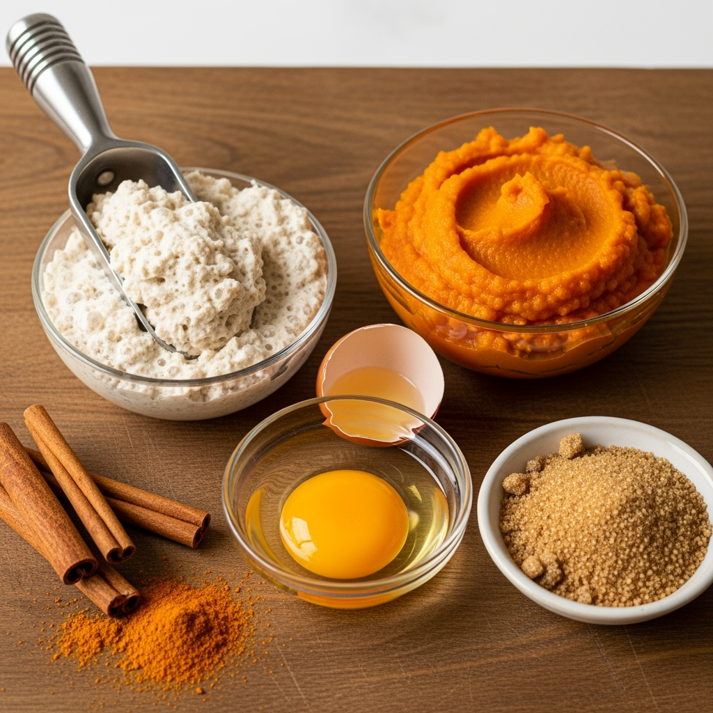 Rustic sourdough pumpkin muffins ingredients with starter discard and spices