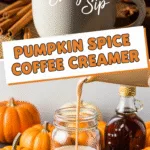 Pumpkin spice coffee creamer with pumpkins and cinnamon sticks close-up