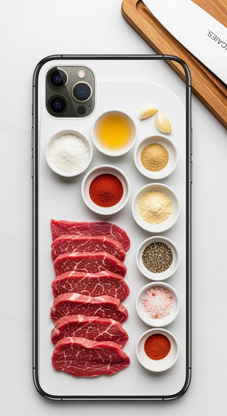 grass-fed-beef-jerky-ingredients-photo Healthiest homemade beef jerky recipe ingredients on white natural light surface