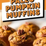 Close-up of moist paleo pumpkin muffins with golden tops and pecans