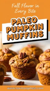 Close-up of moist paleo pumpkin muffins with golden tops and pecans
