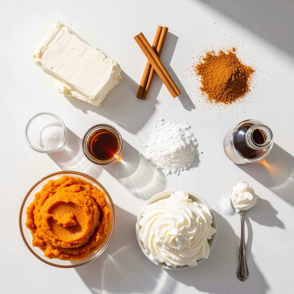 pumpkin-pie-dip-ingredients Pumpkin pie dip ingredients artfully arranged on white surface natural light