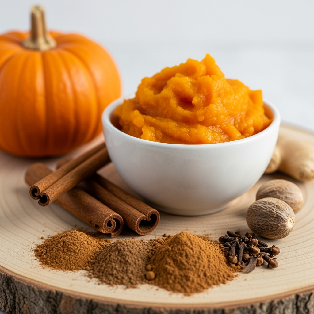 fresh-pumpkin-puree-cinnamon-spices Fresh pumpkin puree and warm spices for homemade pumpkin spice latte recipe