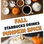 Homemade pumpkin spice latte ingredients and creamy latte close-up photo