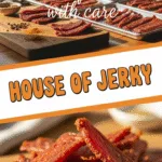House of Jerky marinated beef jerky strips on rustic wooden board