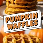 Stack of crispy pumpkin waffles with warm fall colors and spices