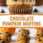 Chocolate pumpkin muffins with rich chocolate chips in vibrant fall setting.