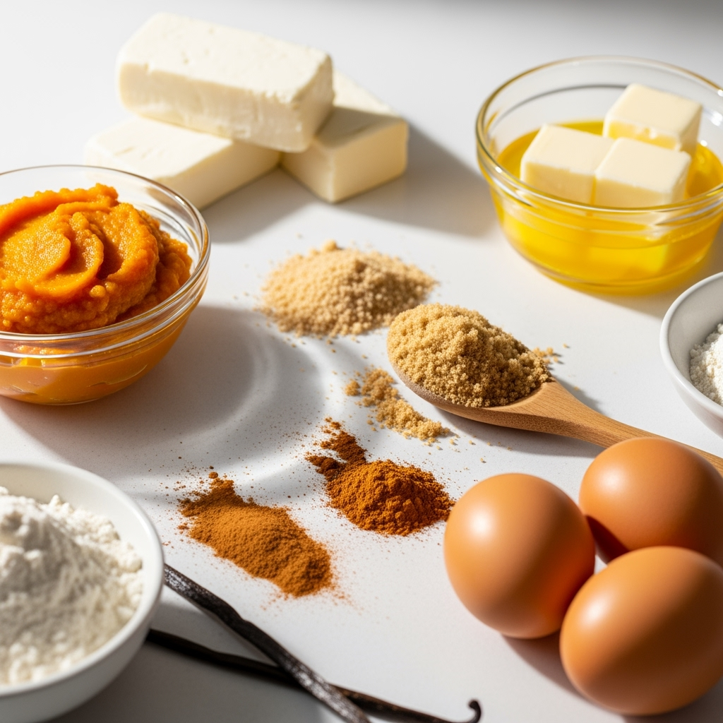Mini pumpkin cheesecake ingredients close-up with creamy textures and spices