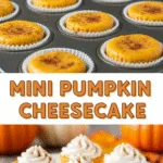 Mini pumpkin cheesecake recipe showing creamy filling and graham crust.