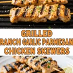 Grilled Ranch Garlic Parmesan Chicken Skewers with crispy golden edges
