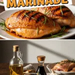 Chicken marinade recipe with juicy cooked chicken and fresh raw ingredients