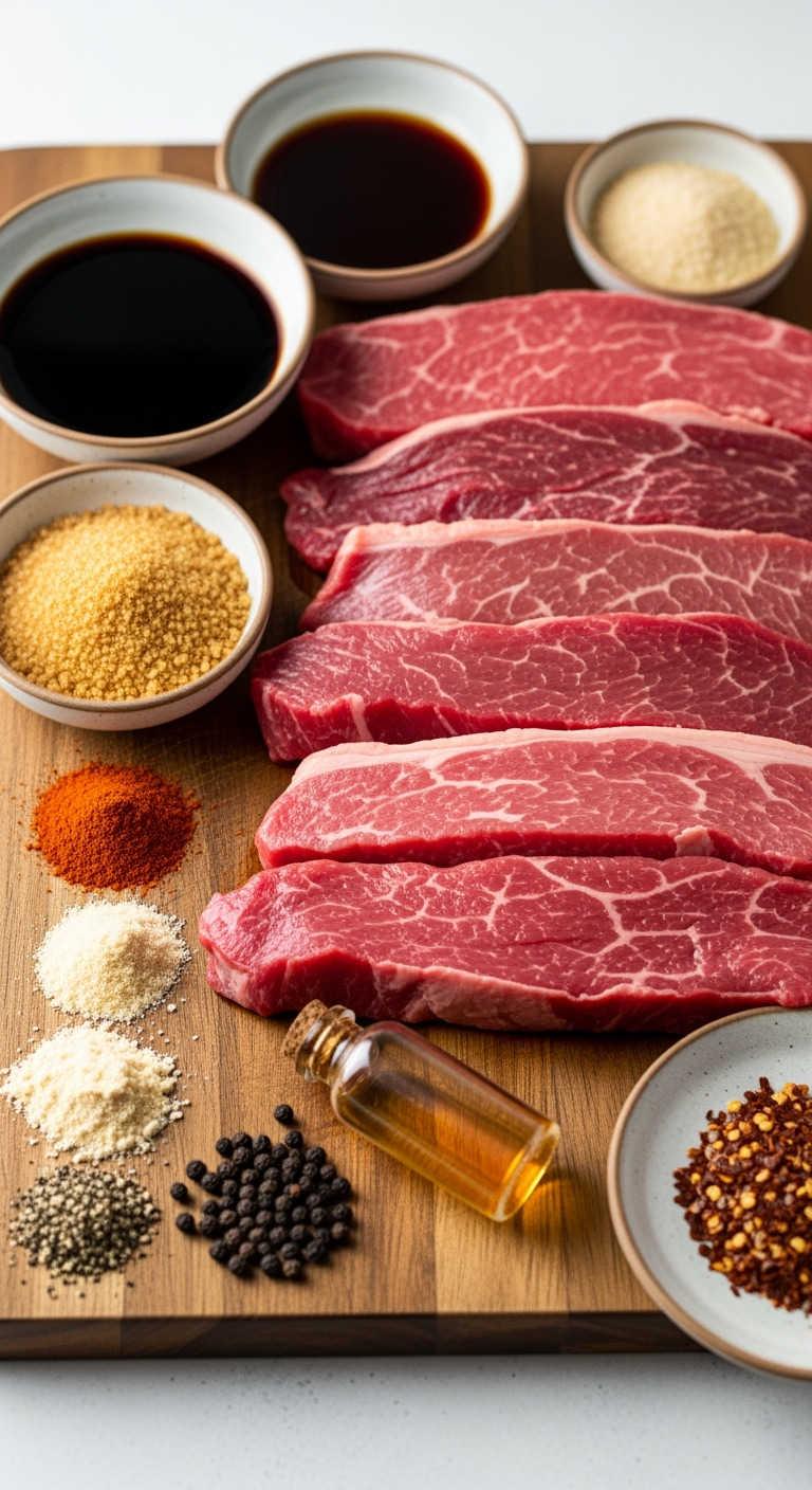 raw-lean-beef-strips-ingredients Raw lean beef strips recipe with spices on wooden cutting board
