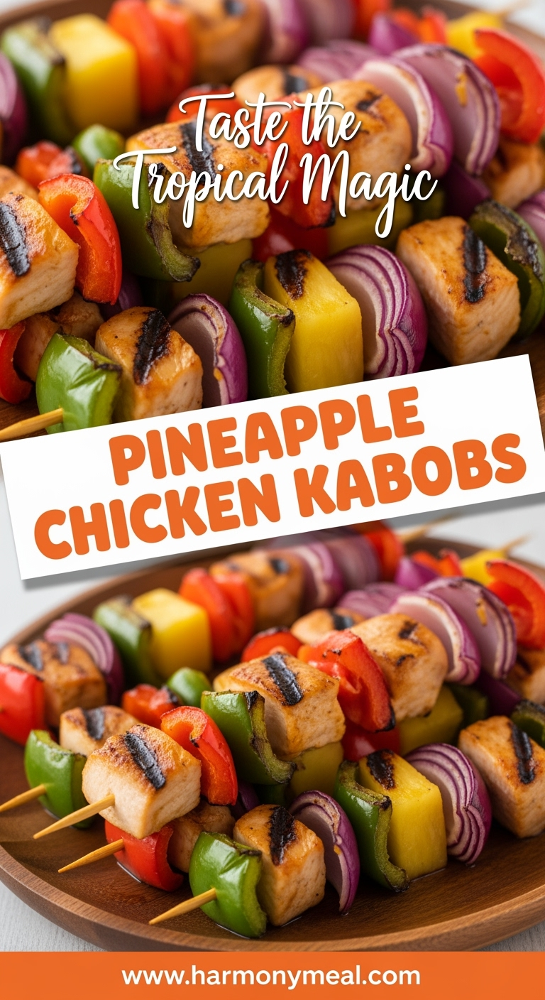 Juicy pineapple chicken kabobs grilled with colorful peppers and onions