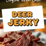 Appetizing deer jerky on rustic board with warm natural lighting