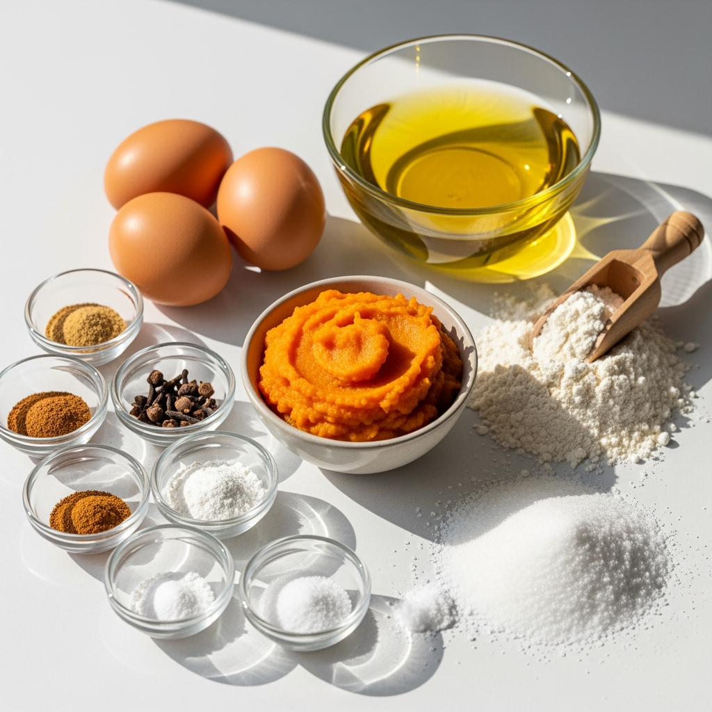 pumpkin-puree-eggs-flour-spices-oil Pure pumpkin puree recipe ingredients close-up with fresh spices and eggs