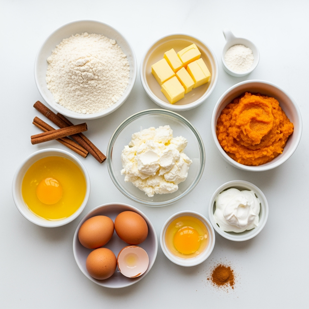 Low-carb keto pumpkin cheesecake ingredients with almond flour and spices