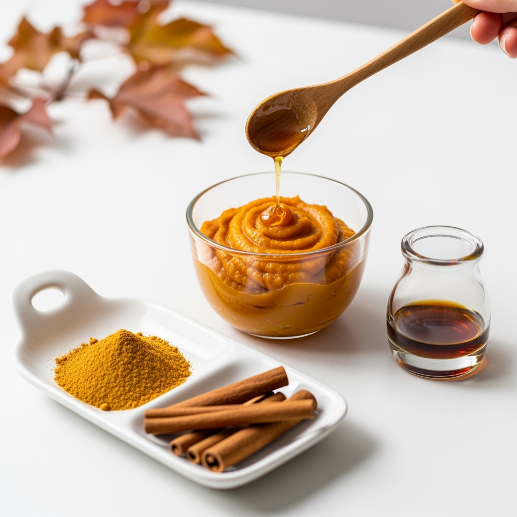 pumpkin-puree-maple-syrup-spice-bowl Smooth rich pumpkin puree with maple syrup and pumpkin pie spice