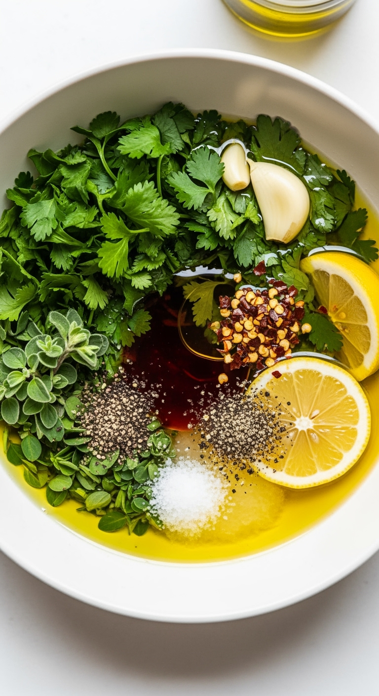 Close-up vibrant chimichurri sauce bowl with fresh herbs, zesty flavors