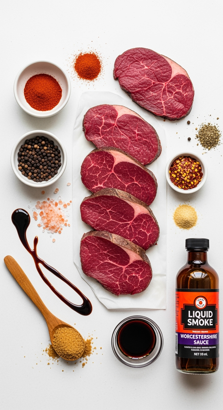 venison-roast-spices-natural-lighting Fresh venison roast slices with vibrant spices and authentic seasoning ingredients
