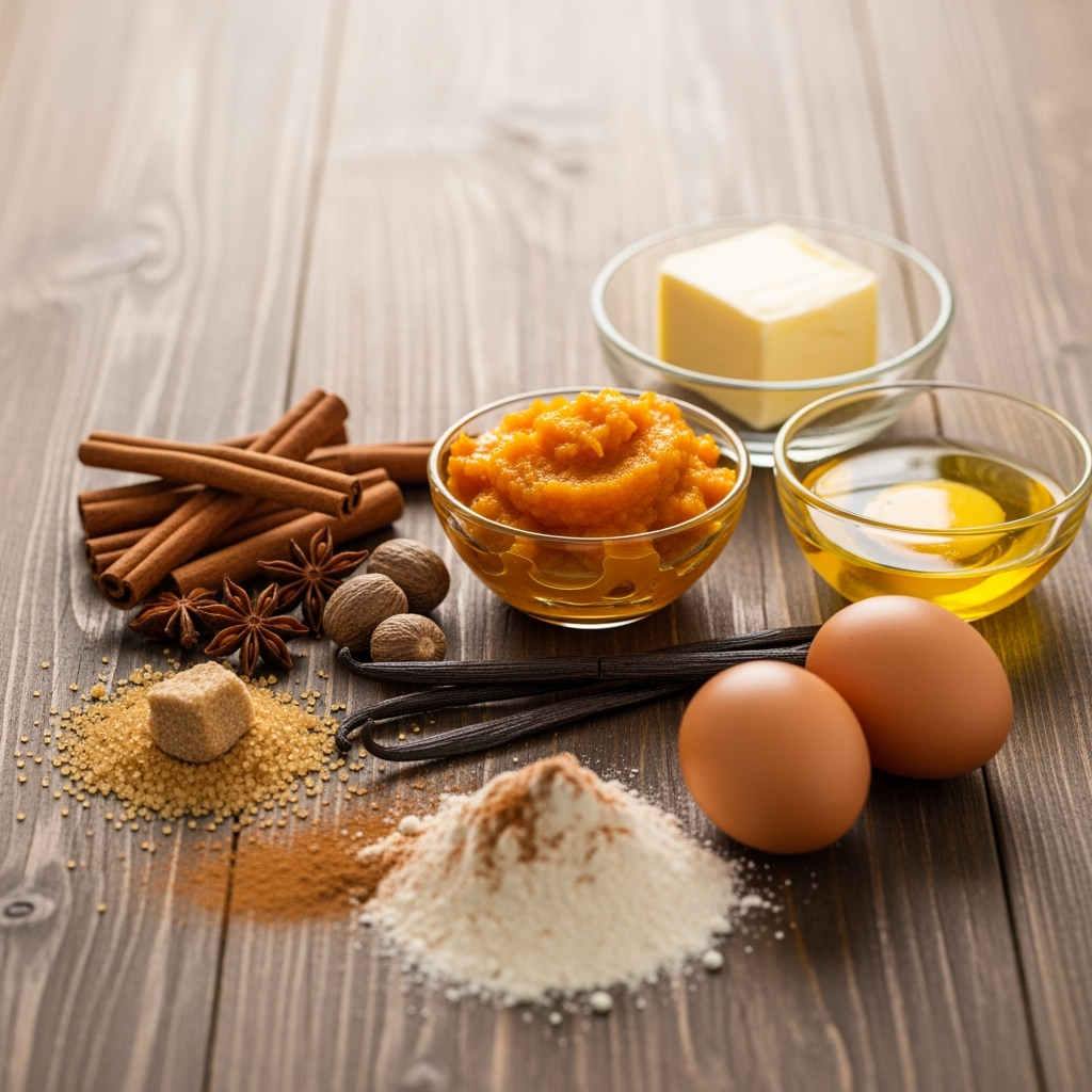Autumn spice pumpkin puree recipe ingredients on rustic wooden table