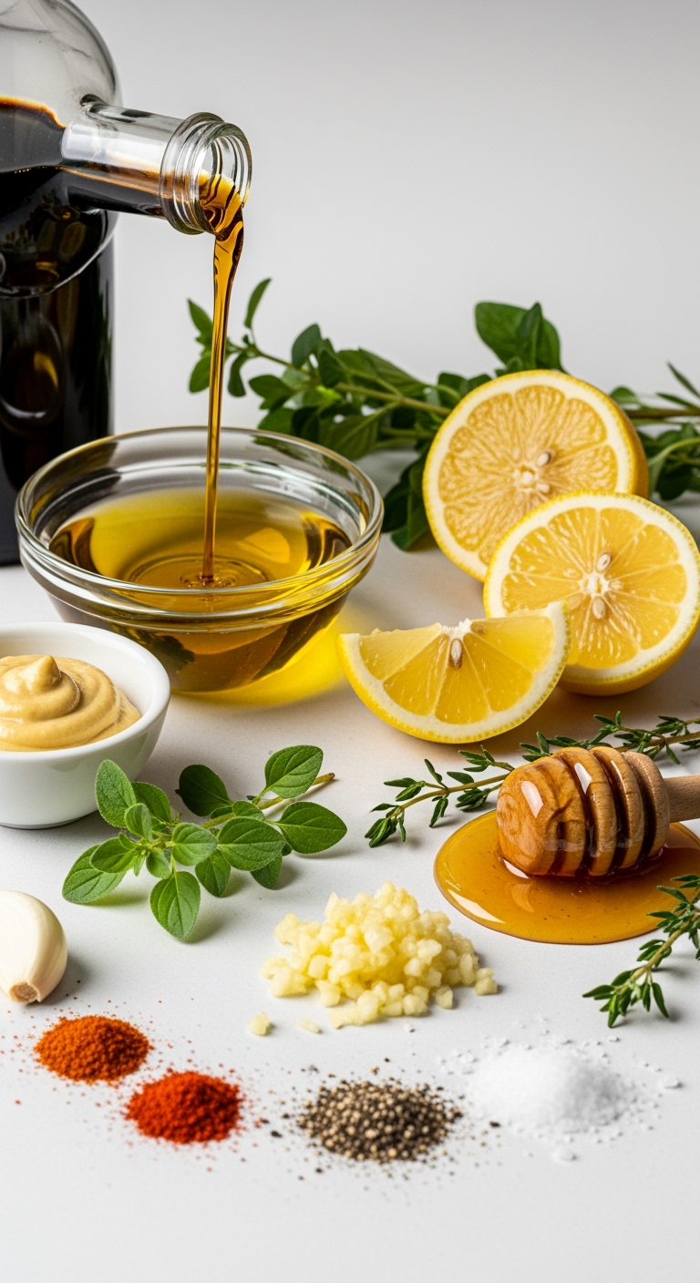 Fresh olive oil dressing ingredients with herbs and spices in bowl