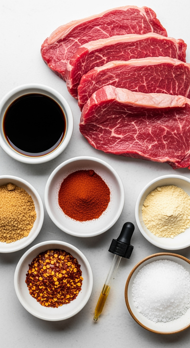 fresh-lean-beef-seasoning-bowls Fresh lean beef slices with vibrant seasoning ingredients close-up photo