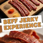 Thin sliced beef jerky strips with marinade ingredients and warm lighting