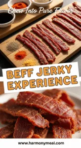 Thin sliced beef jerky strips with marinade ingredients and warm lighting