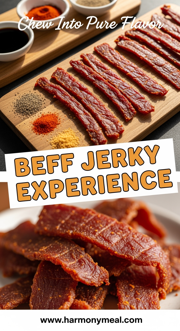 Thin sliced beef jerky strips with marinade ingredients and warm lighting