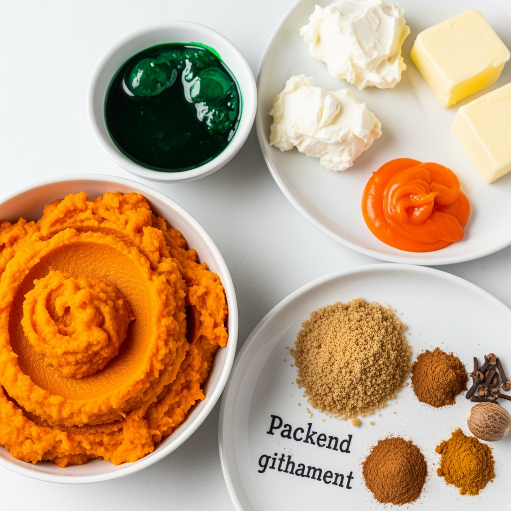pumpkin-puree-cream-cheese-spices-fall Fresh pumpkin puree recipe ingredients close-up with vibrant fall colors