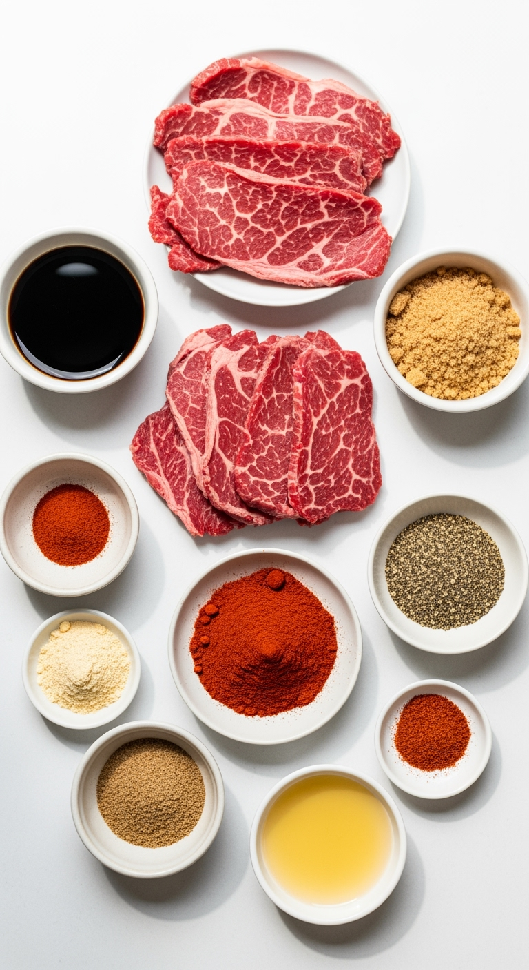 fresh-homemade-jerky-ingredients Homemade jerky ingredients with fresh beef and spices on white surface