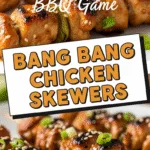 Bang Bang Chicken Skewers with glossy sauce and fresh green garnish