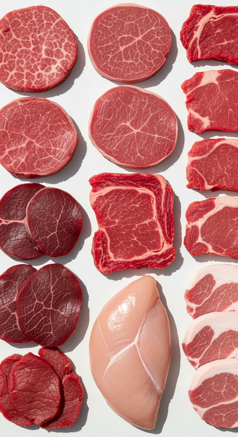 fresh-meat-cuts-white-surface Close-up fresh cuts of meat for jerky preparation on white surface