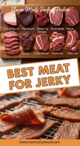 Best meat for jerky: eye round, sirloin, flank, venison, turkey breast.