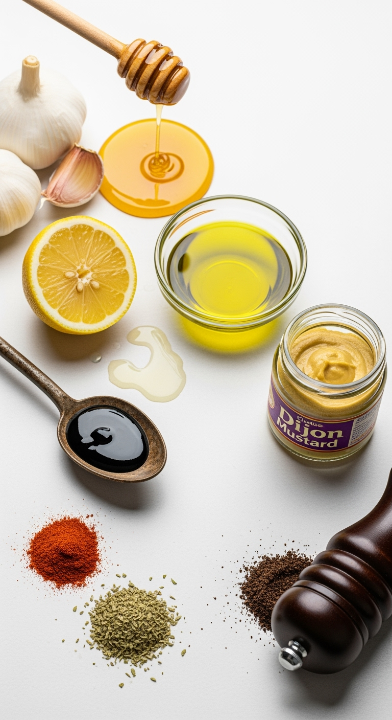 Fresh garlic cloves with honey, olive oil, lemon, soy sauce, mustard ingredients
