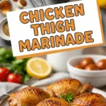 Chicken thigh marinade ingredients and golden brown cooked chicken thighs