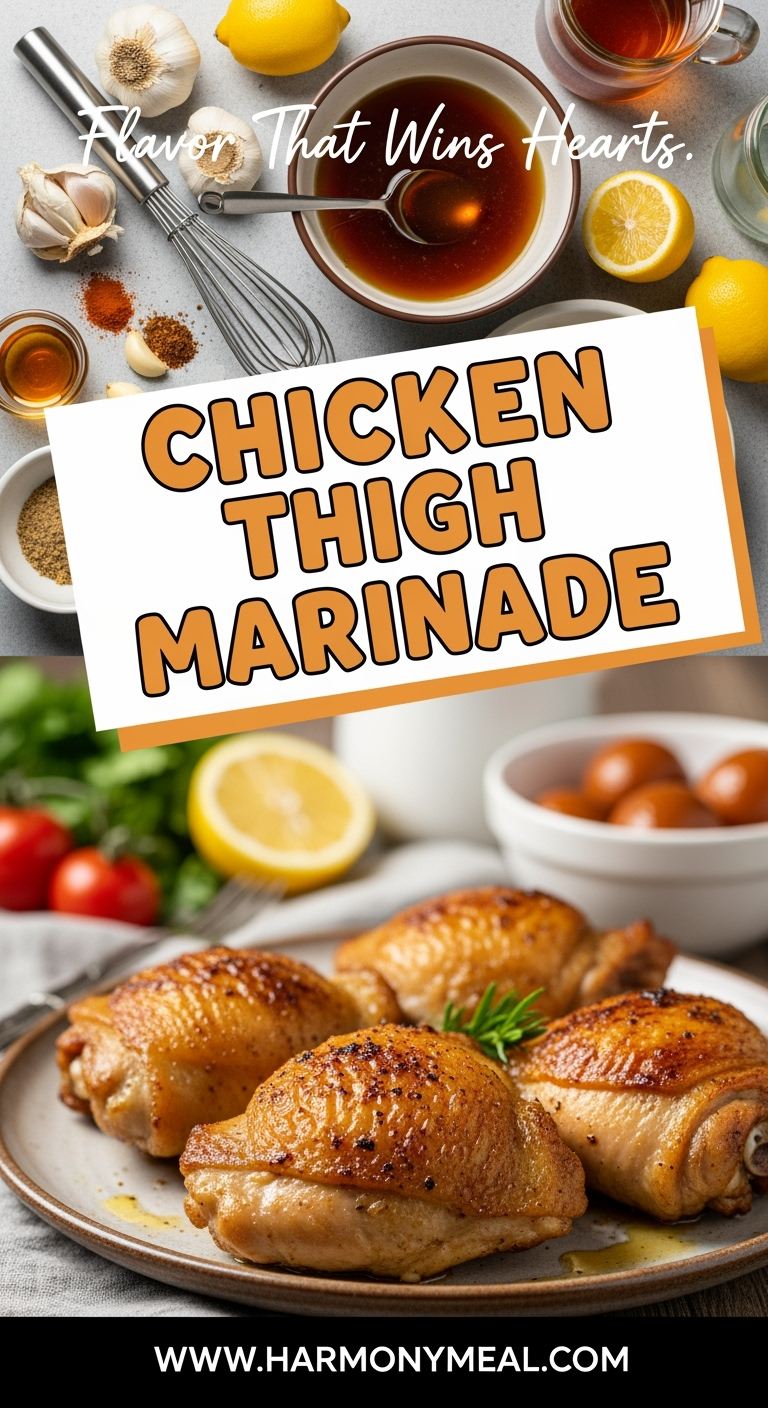 Chicken thigh marinade ingredients and golden brown cooked chicken thighs
