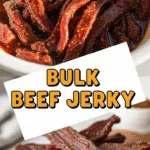 Bulk beef jerky marinating and dried strips in vibrant Pinterest photo