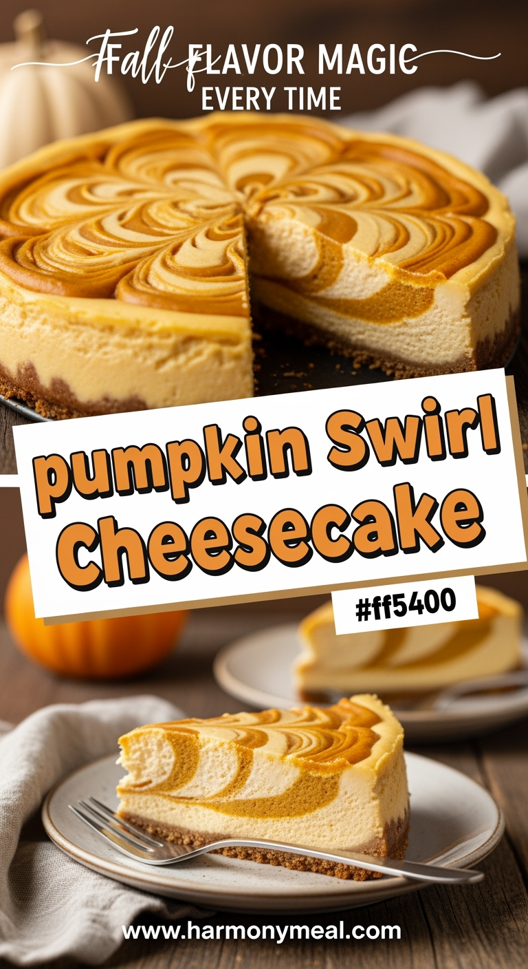 Pumpkin swirl cheesecake with vibrant amber swirls and creamy texture