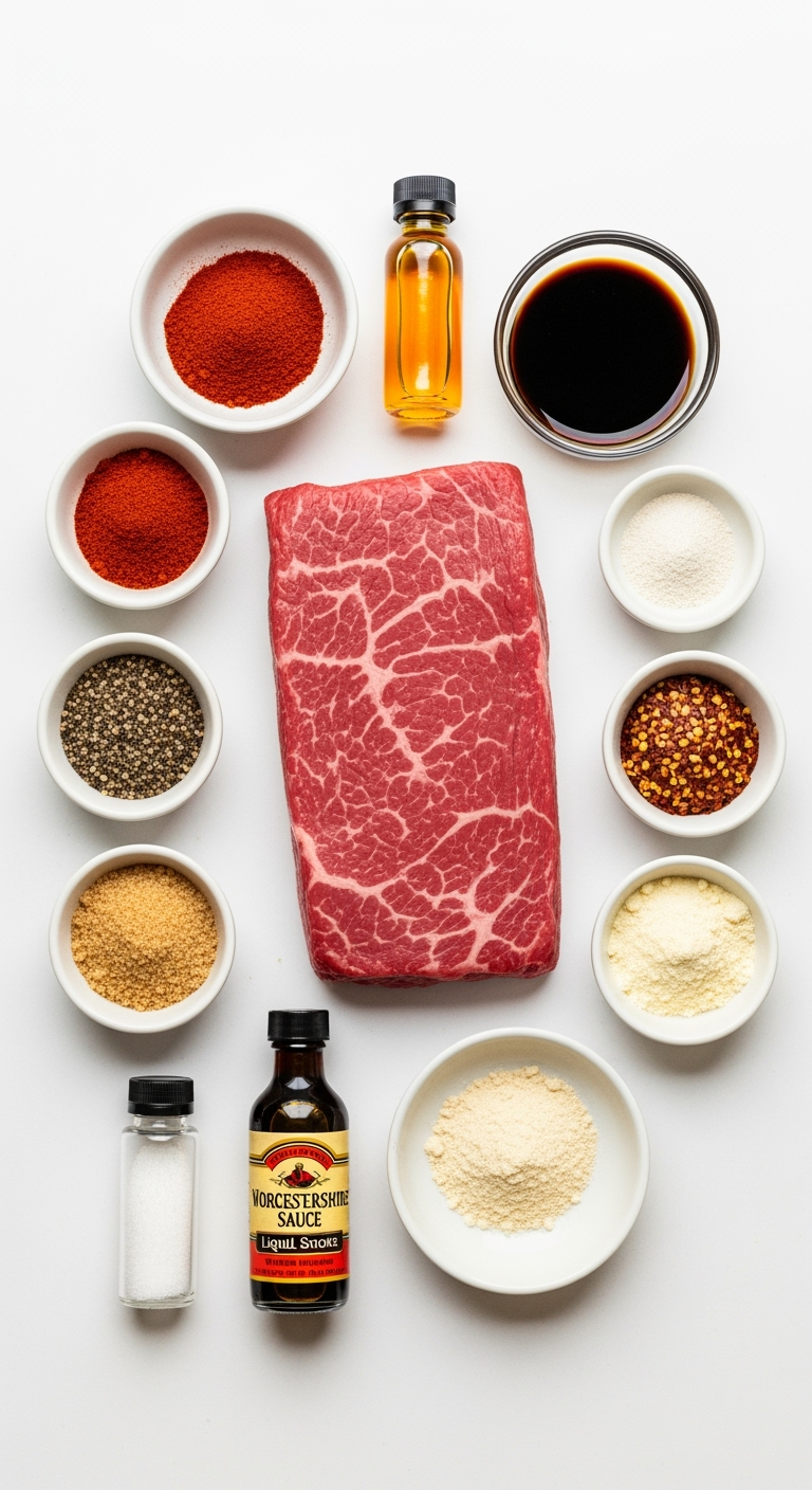 beef-jerky-ingredients-flatlay Homemade beef jerky sticks recipe ingredients fresh and vibrant flat lay