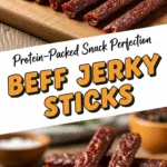 Beef jerky sticks neatly arranged showcasing texture and savory chewiness.