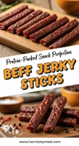 Beef jerky sticks neatly arranged showcasing texture and savory chewiness.
